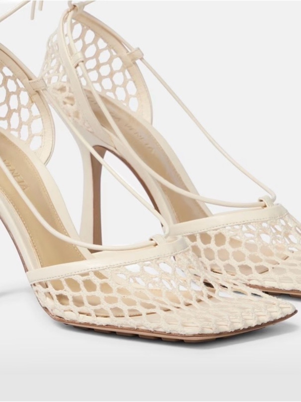 Bottega Veneta Cream Mesh Lace-Up Stiletto Heels